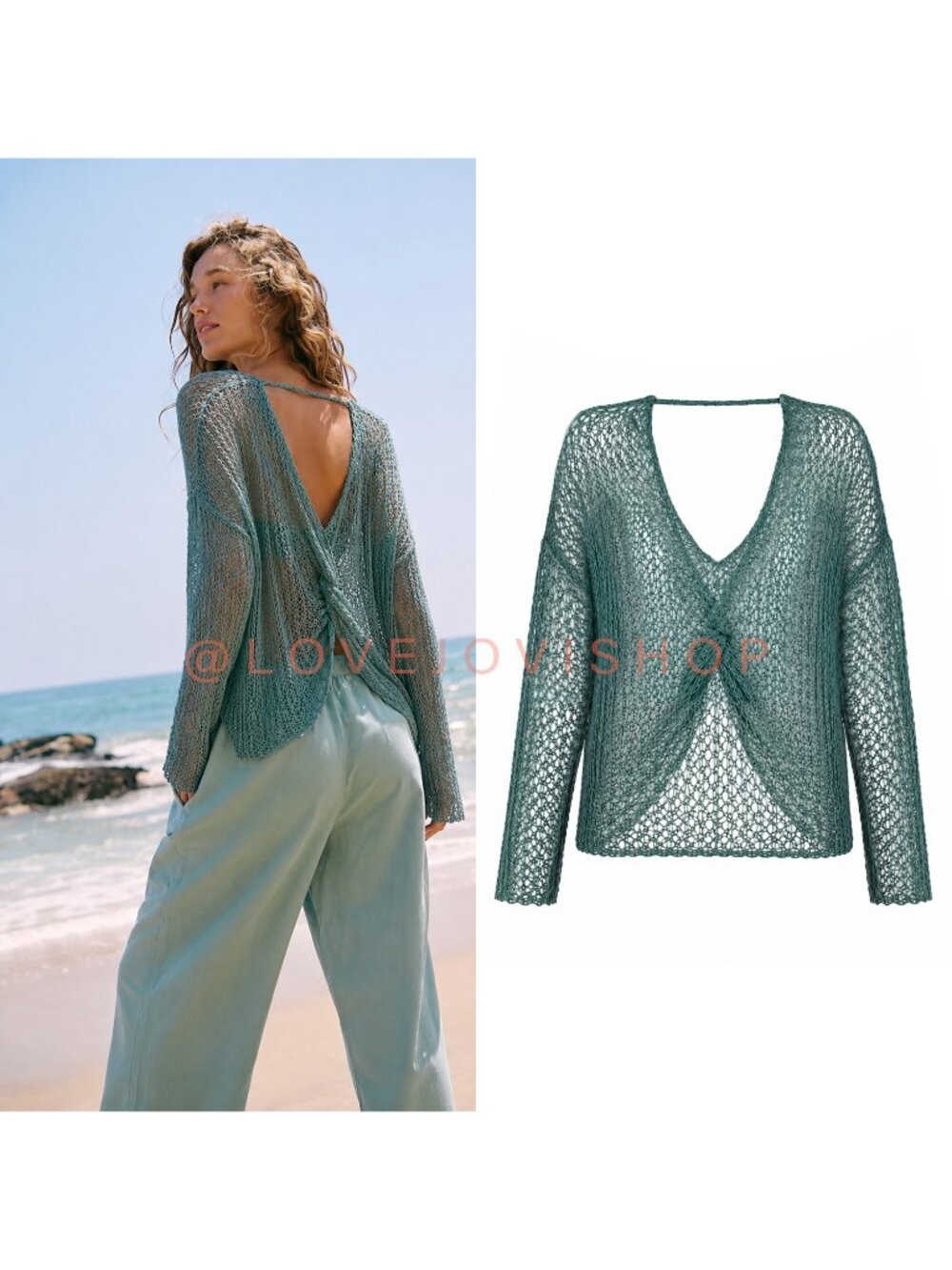 Boho Beach | Debut Teal Open-Knit V-Neck Lightweight Net Sweater Cover Up | Sage